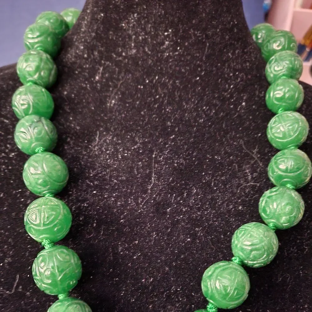 Carved Green Jade Beaded Sterling Silver Necklace